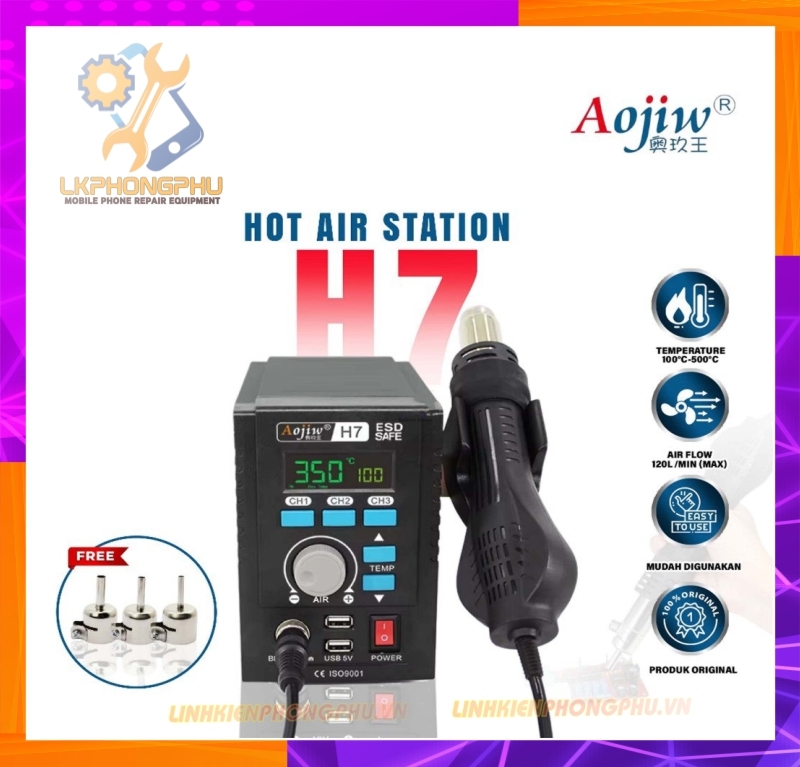 Máy Khò Aojiw H7 3 kênh nhớ kèm cổng USB 1000W / 100-500°C