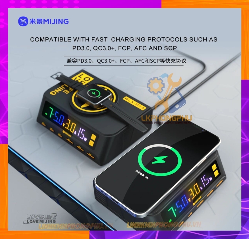 Bộ Sạc Đa Năng 7 in 1 : 3 cổng PD - 3 Cổng USB và Sạc Không Dây: Mijing WLX-M9A