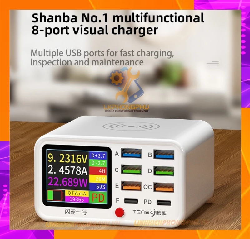 Bộ sạc USB đa năng Tensai 8 Cổng có sạc Nhanh và sạc không dây 