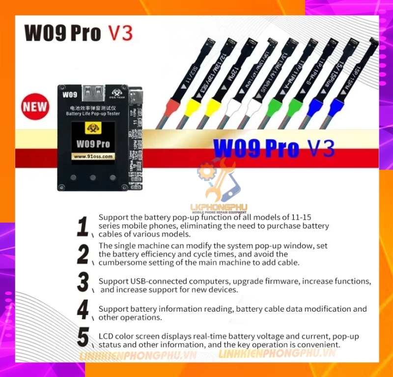 Box W09 PRO V3 OSSTeam Fix % pin không cần dùng cáp Fix 11-15Pro Max