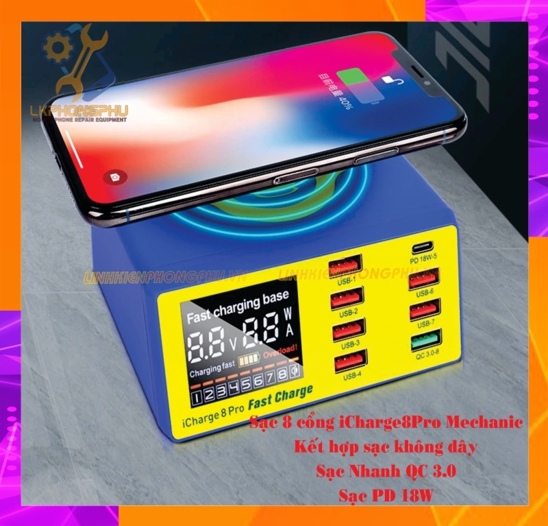 Bộ sạc báo dòng Mechanic iCharge 8 Pro hỗ trợ sạc nhanh, sạc không dây (8 cổng)