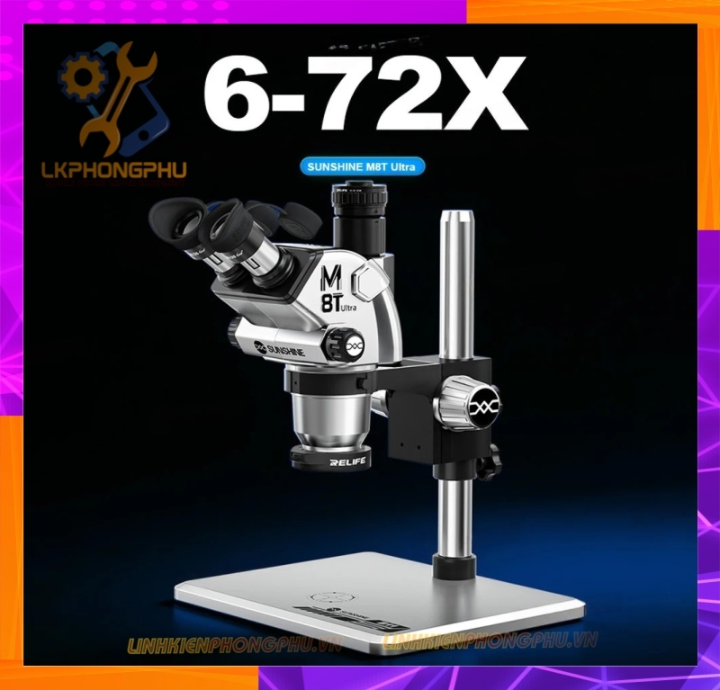 Kính hiển vi Sunshine M8t Ultra soi nổi 3 mắt (Trinocular) cao cấp cho các kỹ thuật zoom thực tế lớn từ 6X-72X