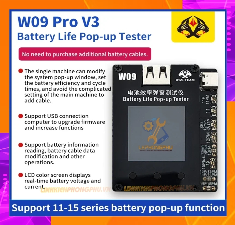 Box W09 PRO V3 OSSTeam Fix % pin không cần dùng cáp Fix 11-15Pro Max