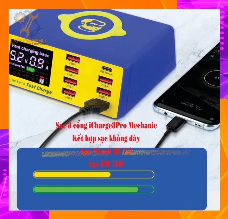 Bộ sạc báo dòng Mechanic iCharge 8 Pro hỗ trợ sạc nhanh, sạc không dây (8 cổng)