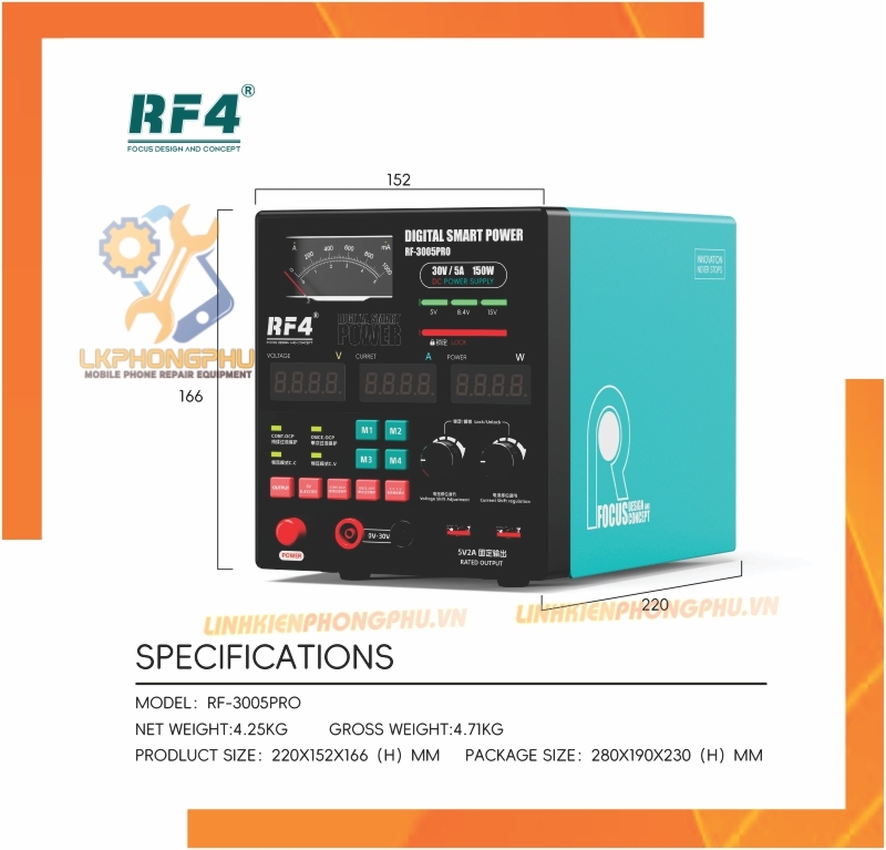 Máy Cấp Nguồn RF4 3005D Pro Kim và Số CS150W 30V5A
