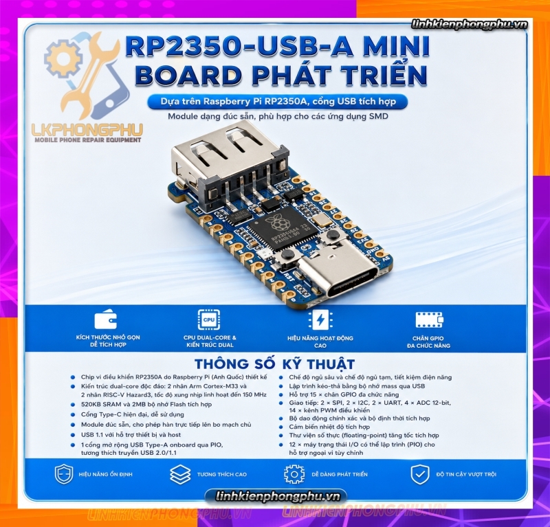Mạch Bypass A12/A13 WaveShare RP2350-USB-A- Raspberry Pico 2 (Micro và Type C) - RP2350 Zero Mini