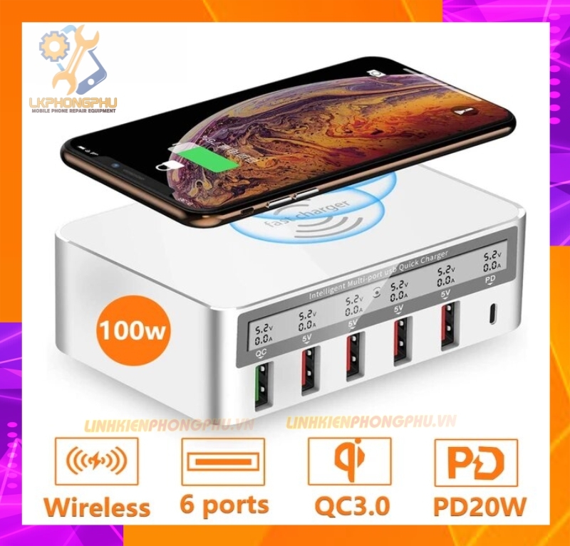 Bộ sạc đa năng 6 cổng siêu nhanh WLX-818F, tích hợp sạc nhanh và sạc không dây