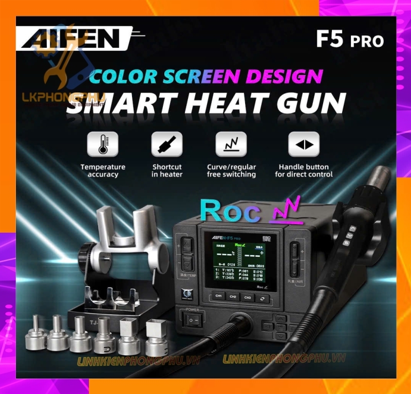 Khò AiFen F5Pro New 2025 CS1000W. Nhiệt 500 °C / Gió 160 Kèm 6 Đầu Khò