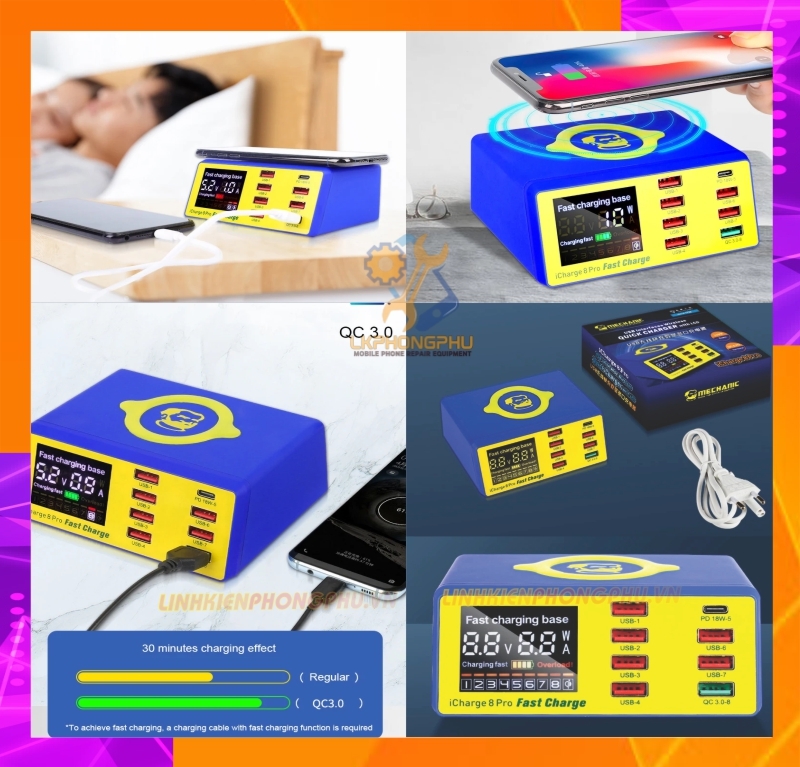 Bộ sạc báo dòng Mechanic iCharge 8 Pro hỗ trợ sạc nhanh, sạc không dây (8 cổng)