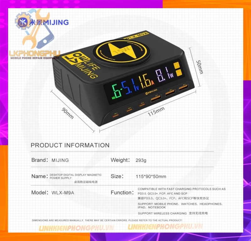 Bộ Sạc Đa Năng 7 in 1 : 3 cổng PD - 3 Cổng USB và Sạc Không Dây: Mijing WLX-M9A