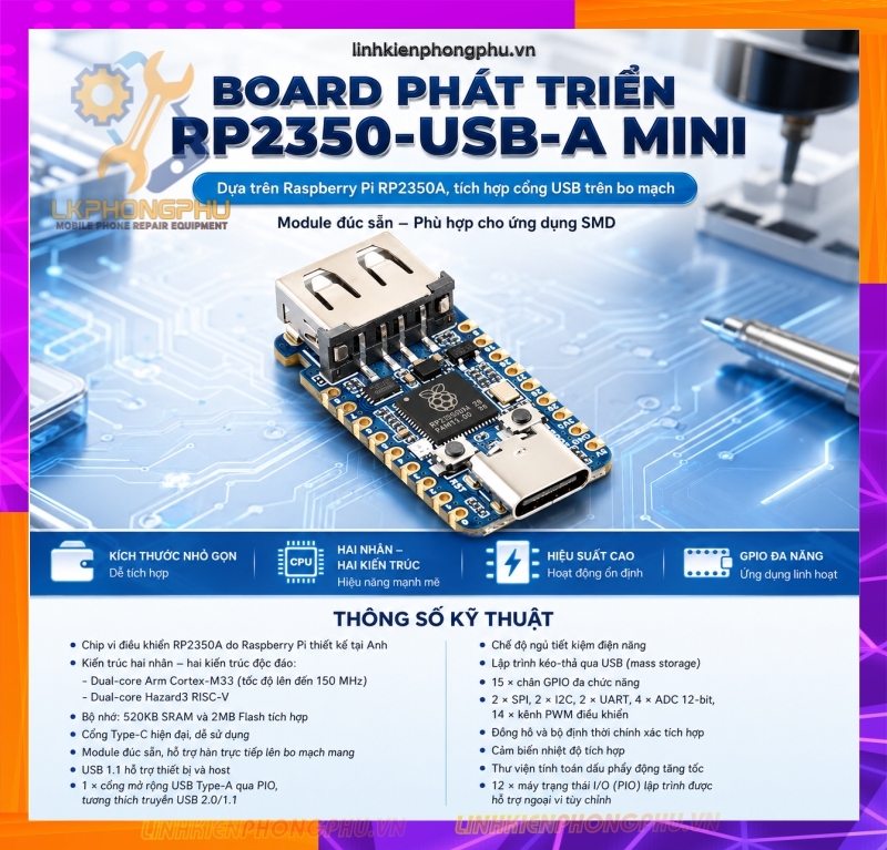Mạch Bypass A12/A13 WaveShare RP2350-USB-A- Raspberry Pico 2 (Micro và Type C) - RP2350 Zero Mini