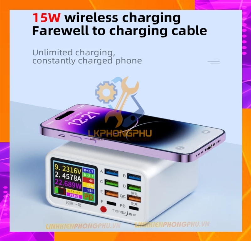 Bộ sạc USB đa năng Tensai 8 Cổng có sạc Nhanh và sạc không dây 