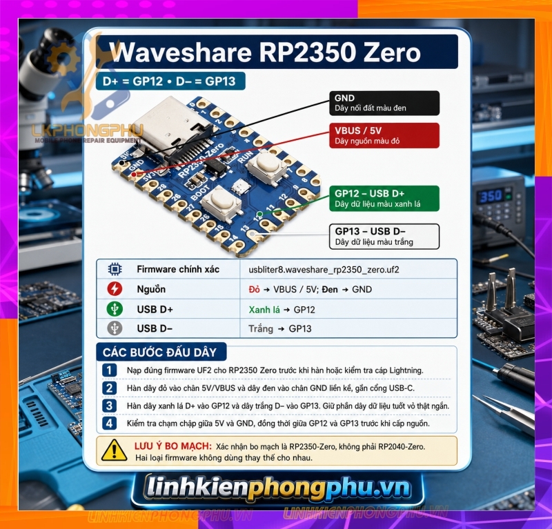 Mạch Bypass A12/A13 WaveShare RP2350-USB-A- Raspberry Pico 2 (Micro và Type C) - RP2350 Zero Mini