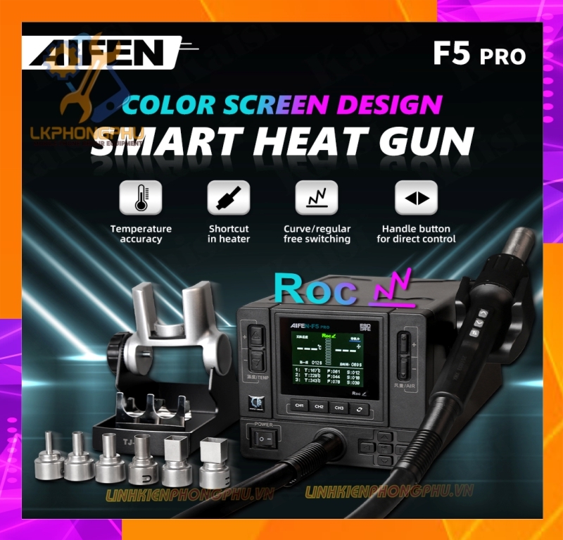 Khò AiFen F5Pro New 2025 CS1000W. Nhiệt 500 °C / Gió 160 Kèm 6 Đầu Khò